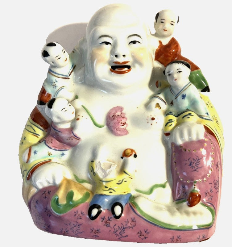 Vintage Chinese Porcelain Laughing Buddha with Children – Hand-Painted Figurine (Flaw)Vintage Chinese Porcelain Laughing Buddha with Children – Hand-Painted Figurine (Flaw)