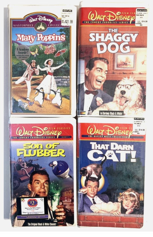 Disney Masterpiece VHS Lot (4 Sealed) — Mary Poppins, The Shaggy Dog, Son of Flubber, That Darn Cat