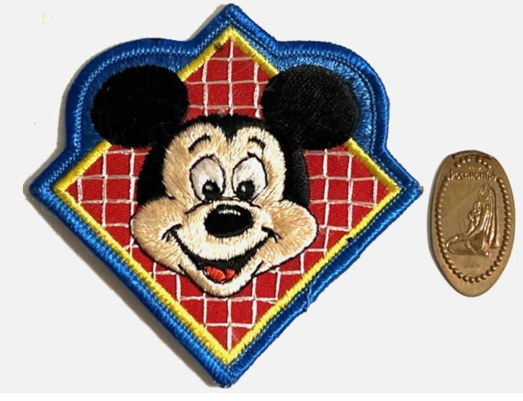 Vintage Disney Mickey Mouse Embroidered Patch + Pocahontas Pressed Penny Souvenir Set (1990s)