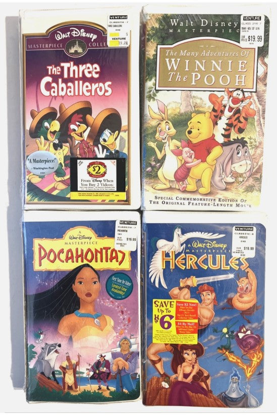 Disney VHS Lot (4) — Factory Sealed Masterpiece Collection: Hercules, Pocahontas, Winnie the Pooh, Three Caballeros (1990s)