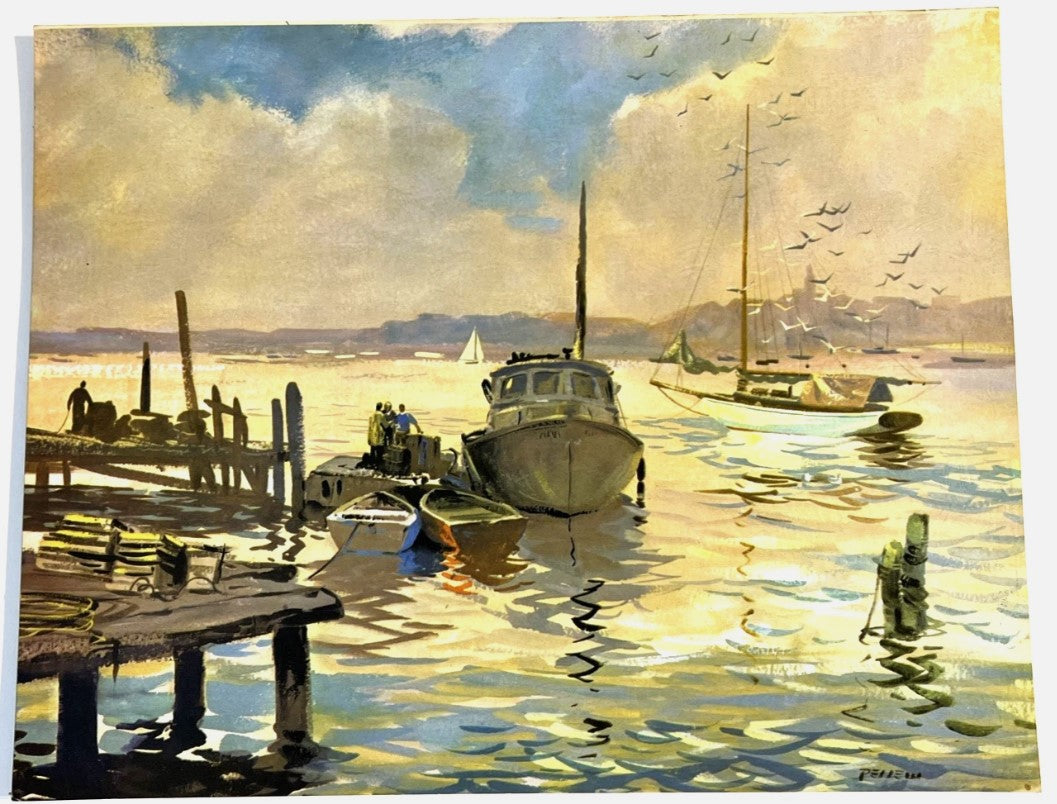 Vintage Seascape Painting 14x11" – Boats at Dock & Sailboats Signed Artwork