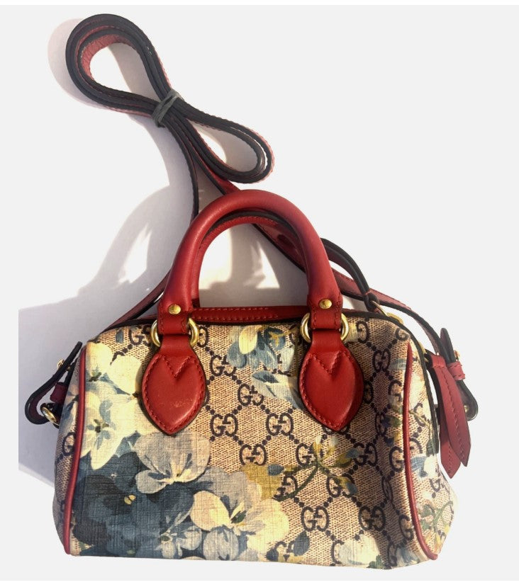 Gucci Blooms GG Supreme Boston Bag – Red Leather Trim – Authentic – EUC