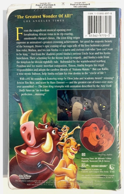 Disney’s The Lion King VHS — Masterpiece Collection (Factory Sealed, 1995, Venture Sticker)
