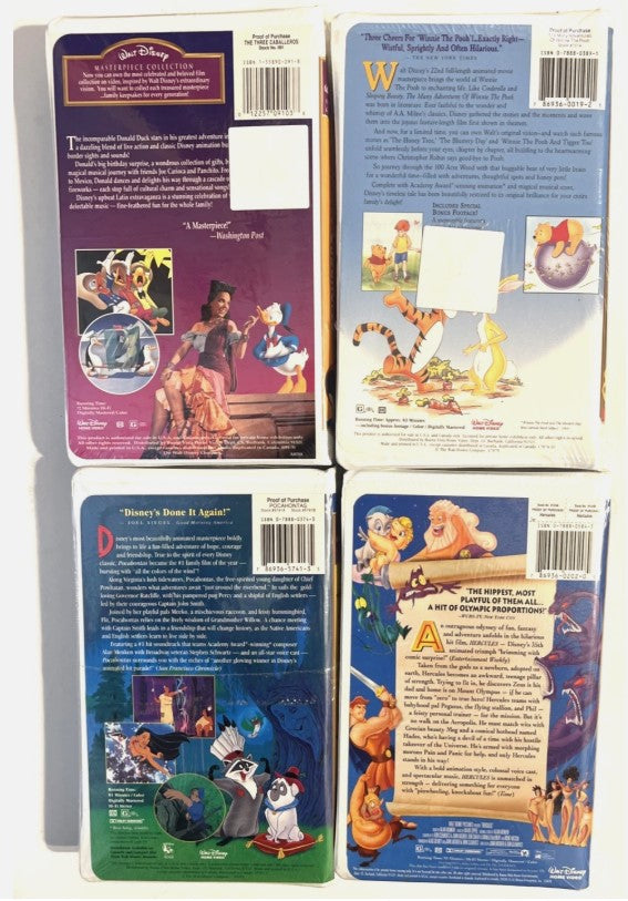Disney VHS Lot (4) — Factory Sealed Masterpiece Collection: Hercules, Pocahontas, Winnie the Pooh, Three Caballeros (1990s)