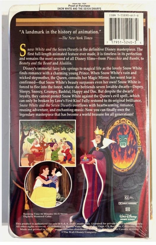 Disney’s Snow White and the Seven Dwarfs VHS — Masterpiece Collection (Factory Sealed, 1994, Venture Sticker)