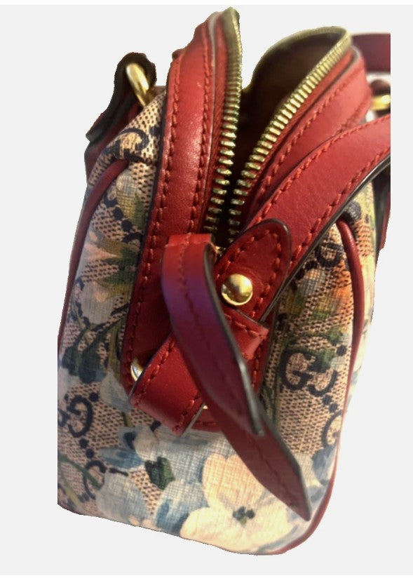 Gucci Blooms GG Supreme Boston Bag – Red Leather Trim – Authentic – EUC